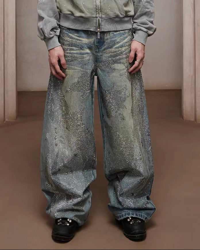 【DND4DES】Rhinestone Dirty Wash Denim Pants