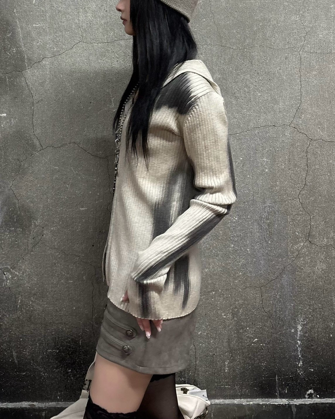 受注制【Never mind the XU】SPRAY WASH ZIP KNIT HOODIE (2color)