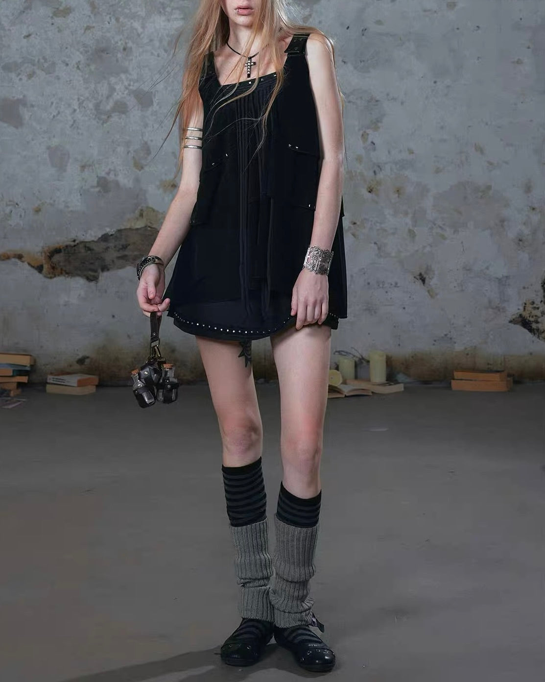 【Cest Nous】Black Tassel Layered Cake Slip Dress