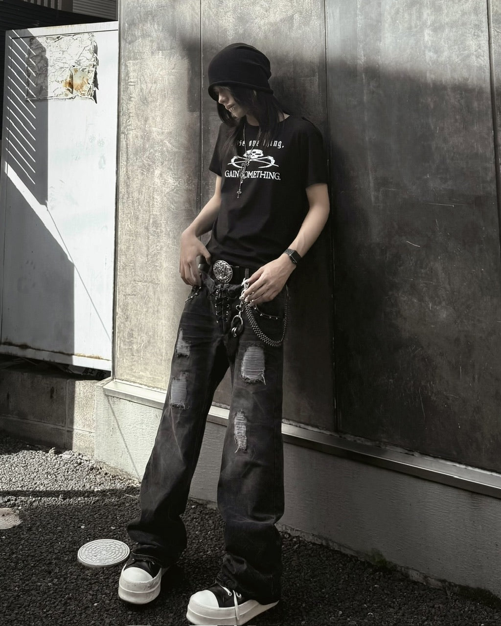 国際配送【Never mind the XU】Double waist  laceup flare denim pants