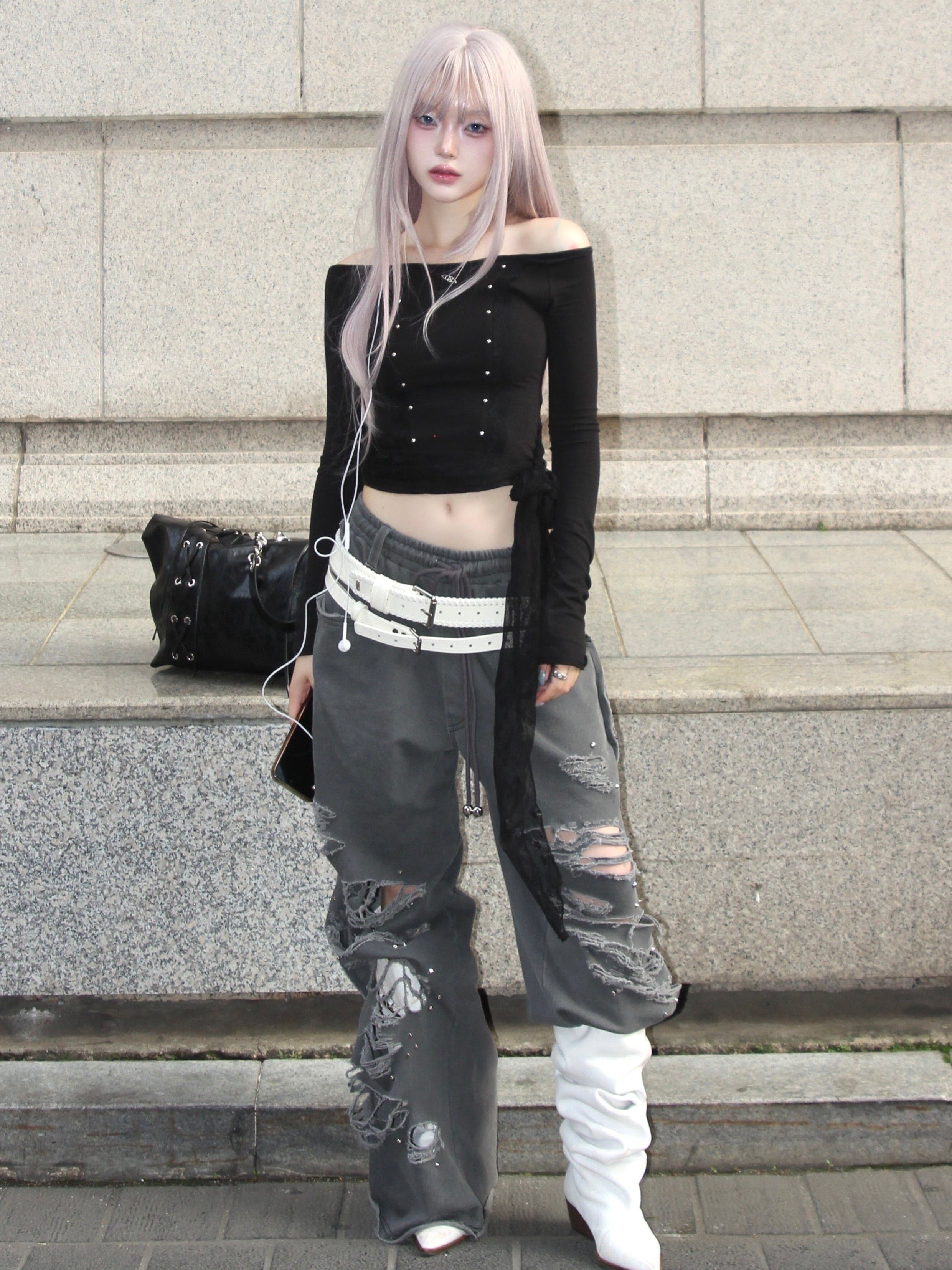 【CHERRYQUIRI】damage stud jogger pt