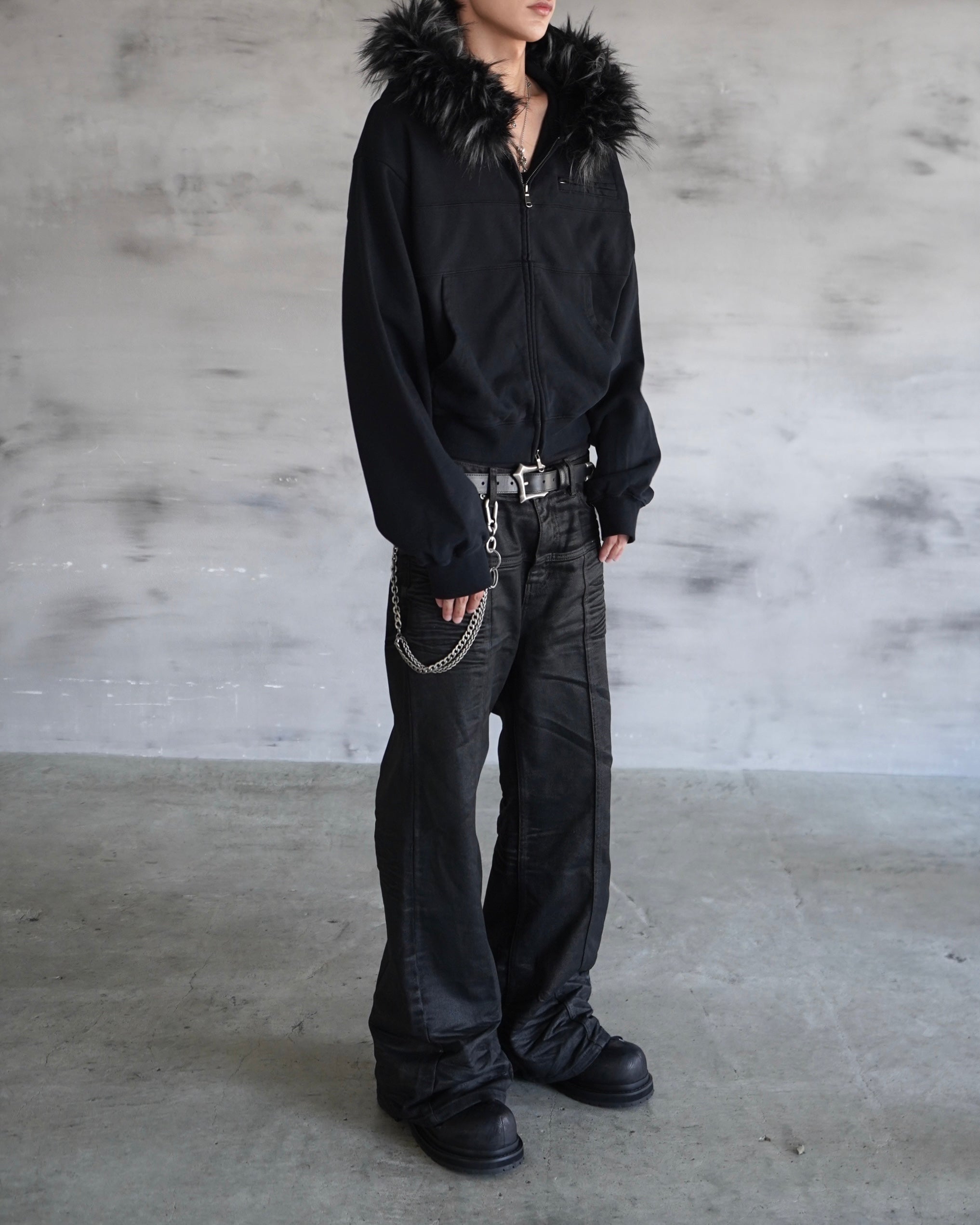 【CHIKASHITSU PLUS HIGH】Linear coating denim flare pants