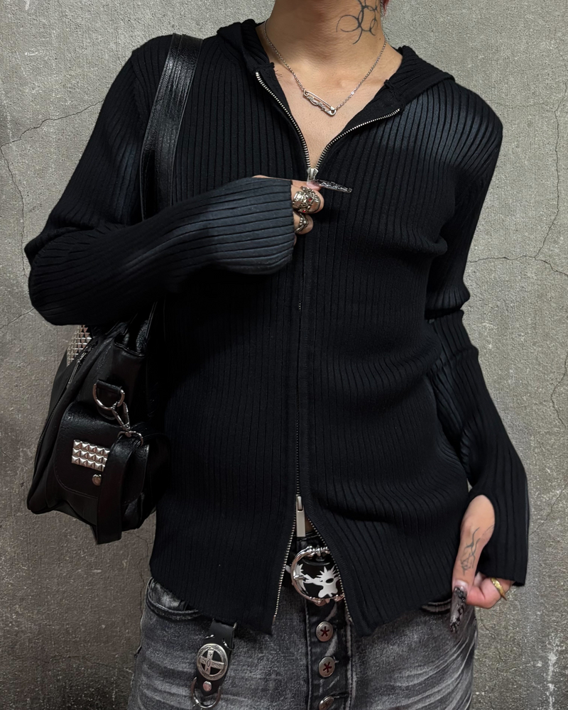 受注制【Never mind the XU】SPRAY WASH ZIP KNIT HOODIE (2color)