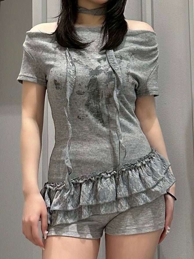 受注制【nmtc+】Drape Neck Frill Tee Scarf Set (3color)