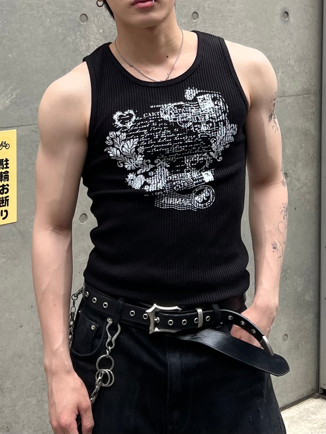 大阪店WEB限定受注制【Chikashitsu +】graphic waffle tank (2color)