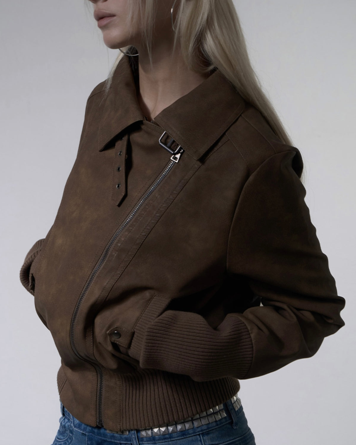 【FANCY CLUB】HIGH-NECK RIBBED LEATHER JACKET