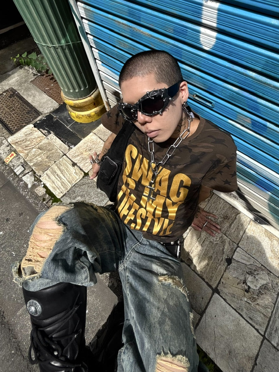 【Never mind the XU】paint damage denim pants (2color)