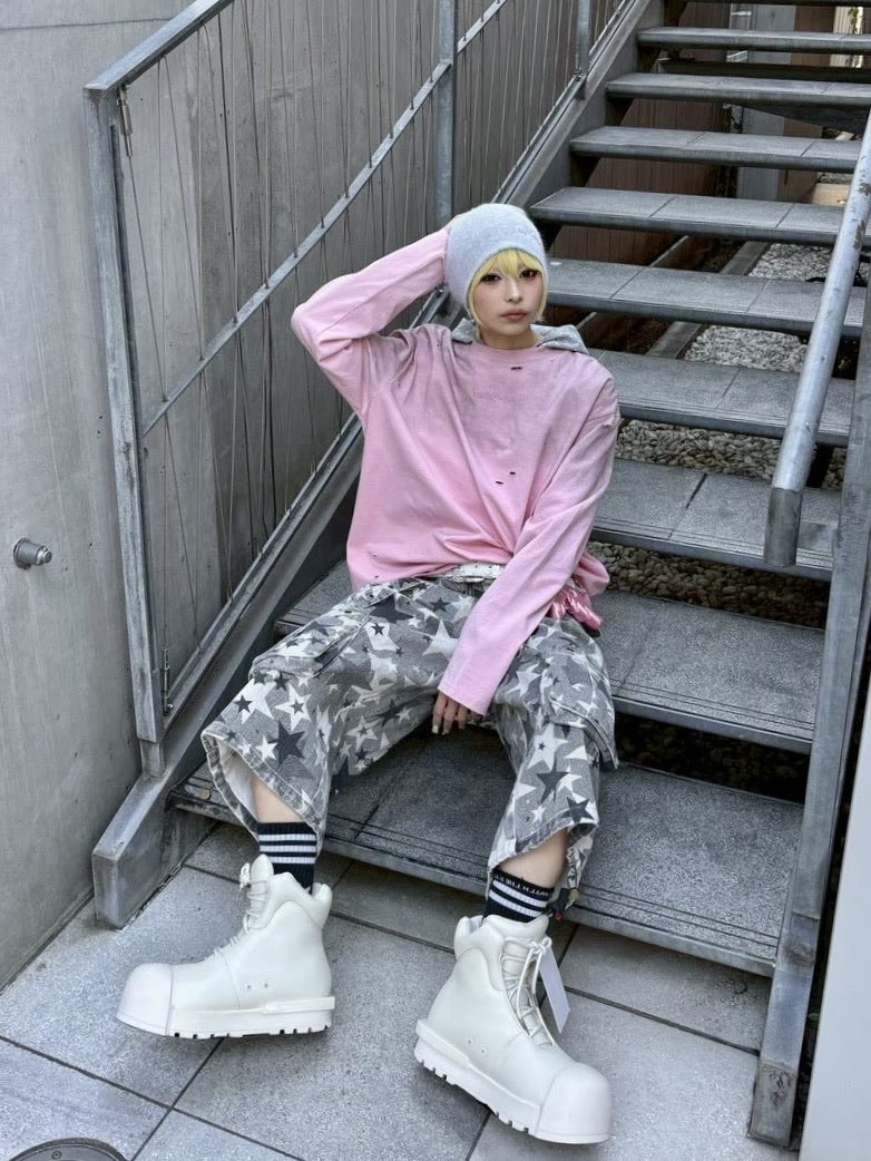 国際配送【Never mind the XU】damage washed long sleeve (3color)