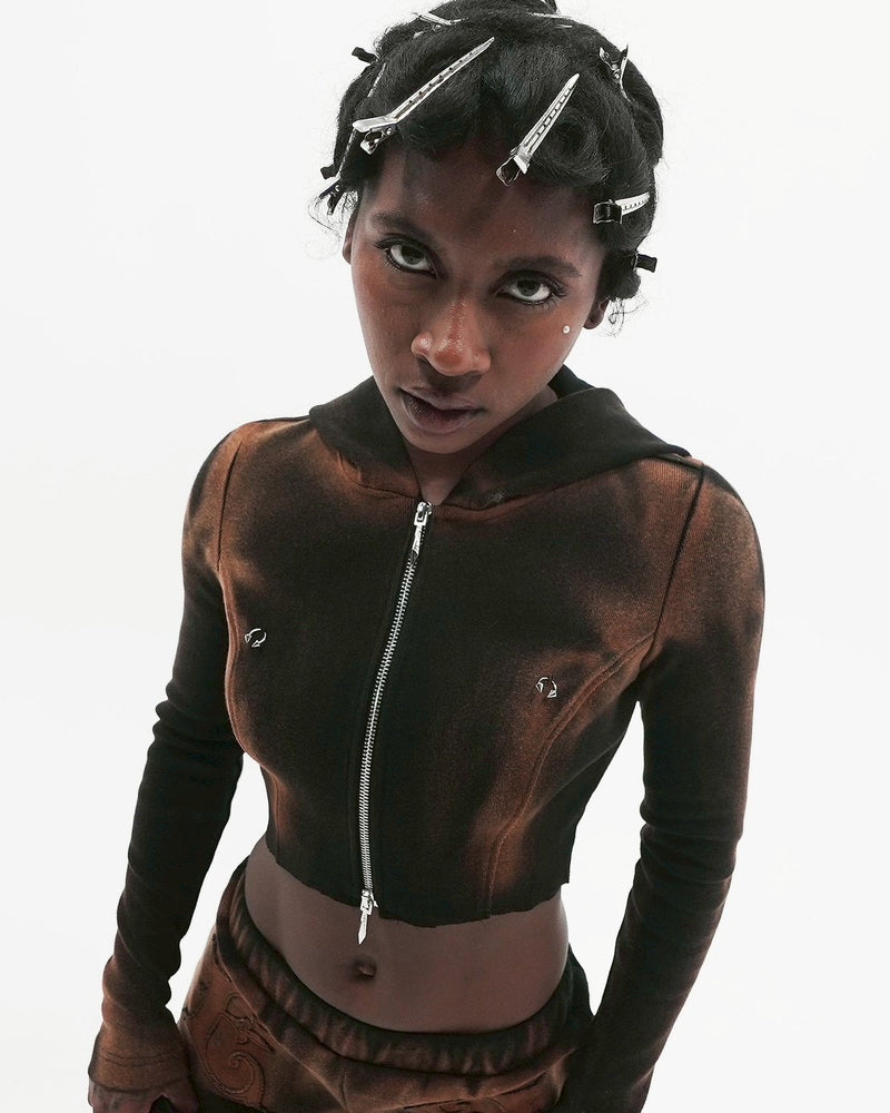 【E RIN AI E】PIERCED RUST CROP HOODIE ZIP UP