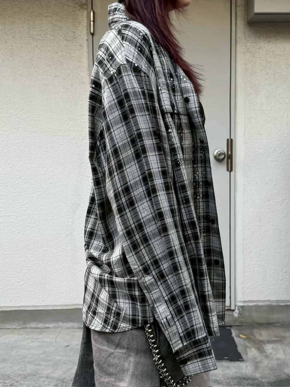 【Never mind the XU】rhinestone check shirt (2color)