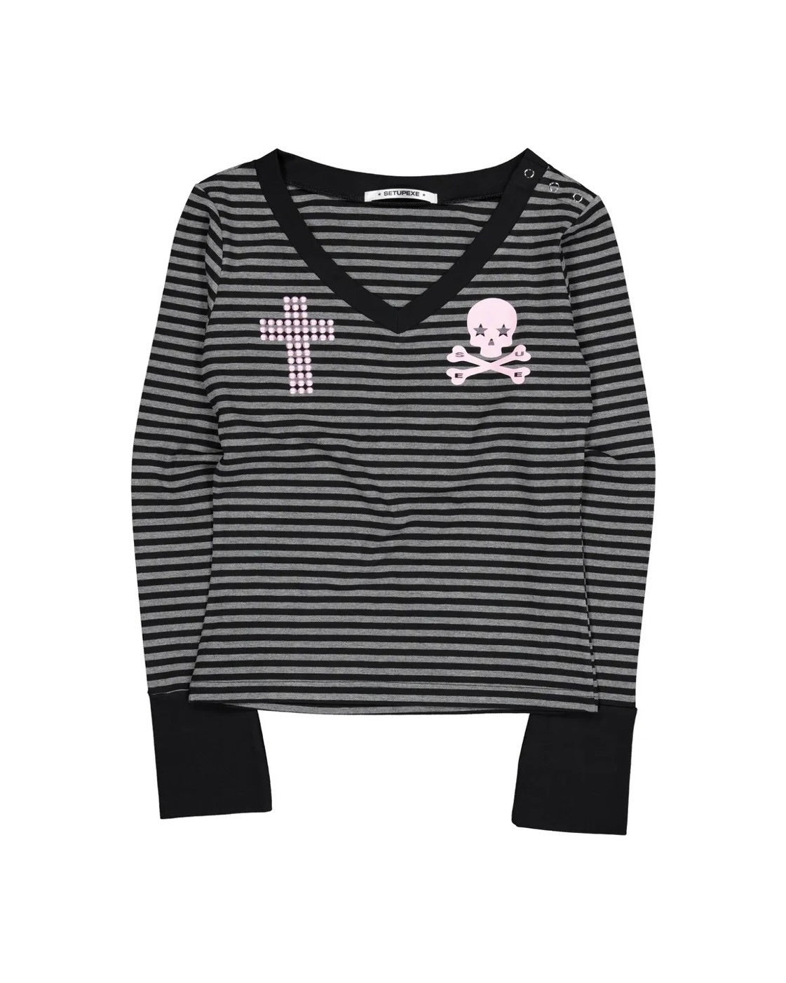 【SETUP-EXE】SKULL LOGO STRIPE V-NECK TOP