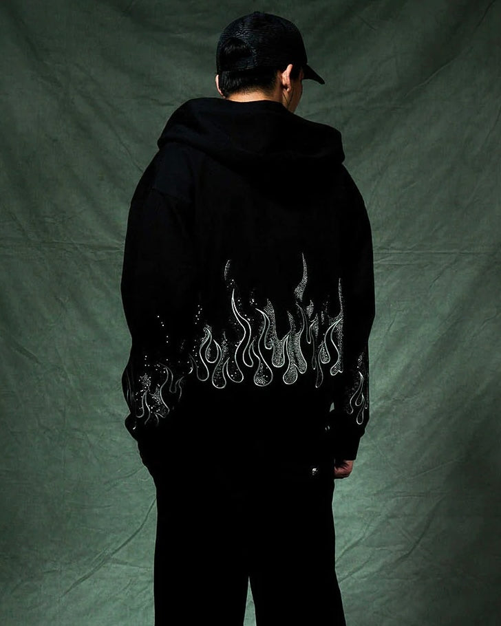 【SUPPLIER】Fire Pattern Rhinestone Zip Hoodie
