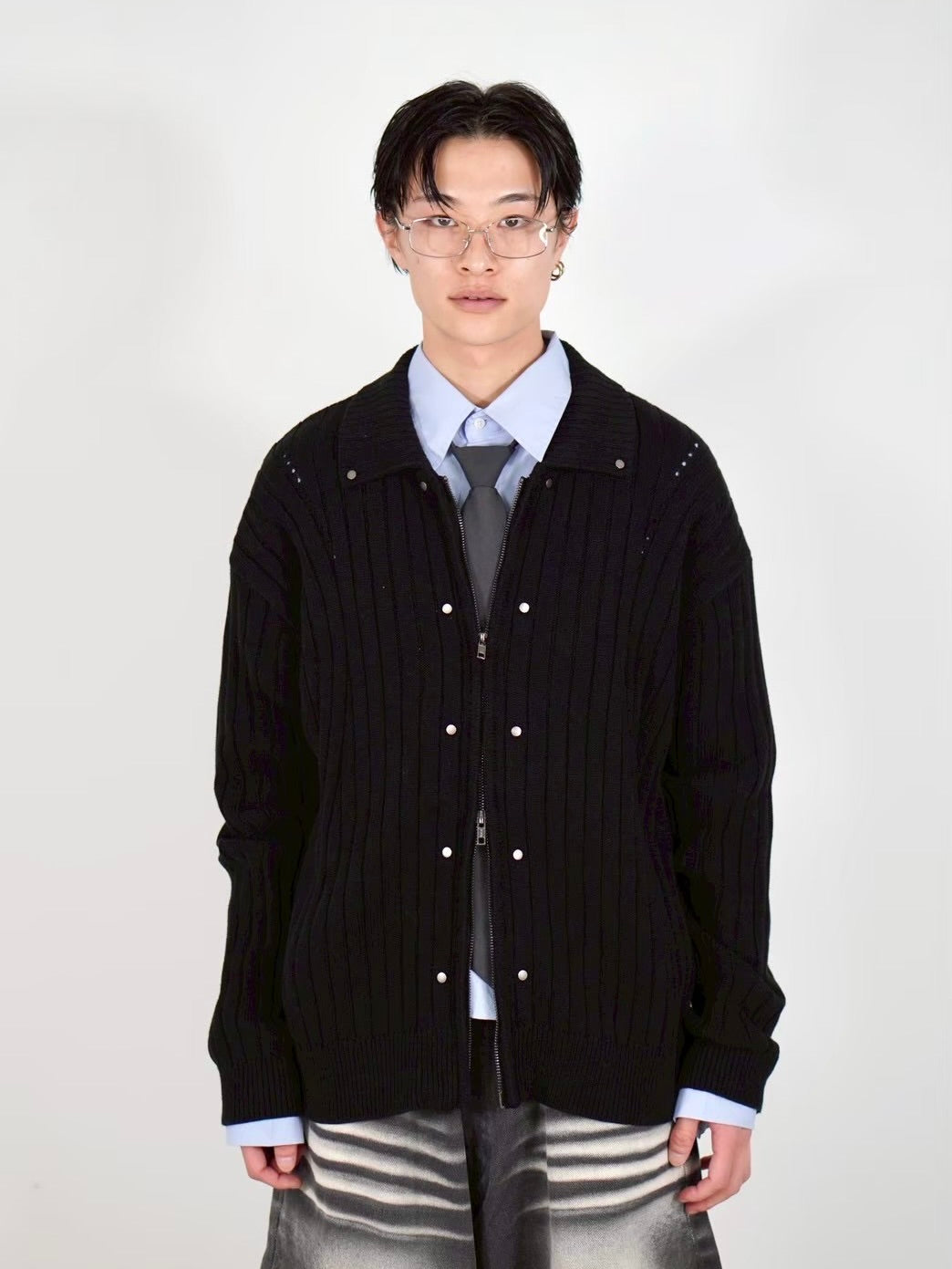 【Chikashitsu +】rivet zip up knit (2color)