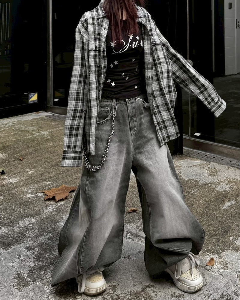 【Never mind the XU】rhinestone check shirt (2color)