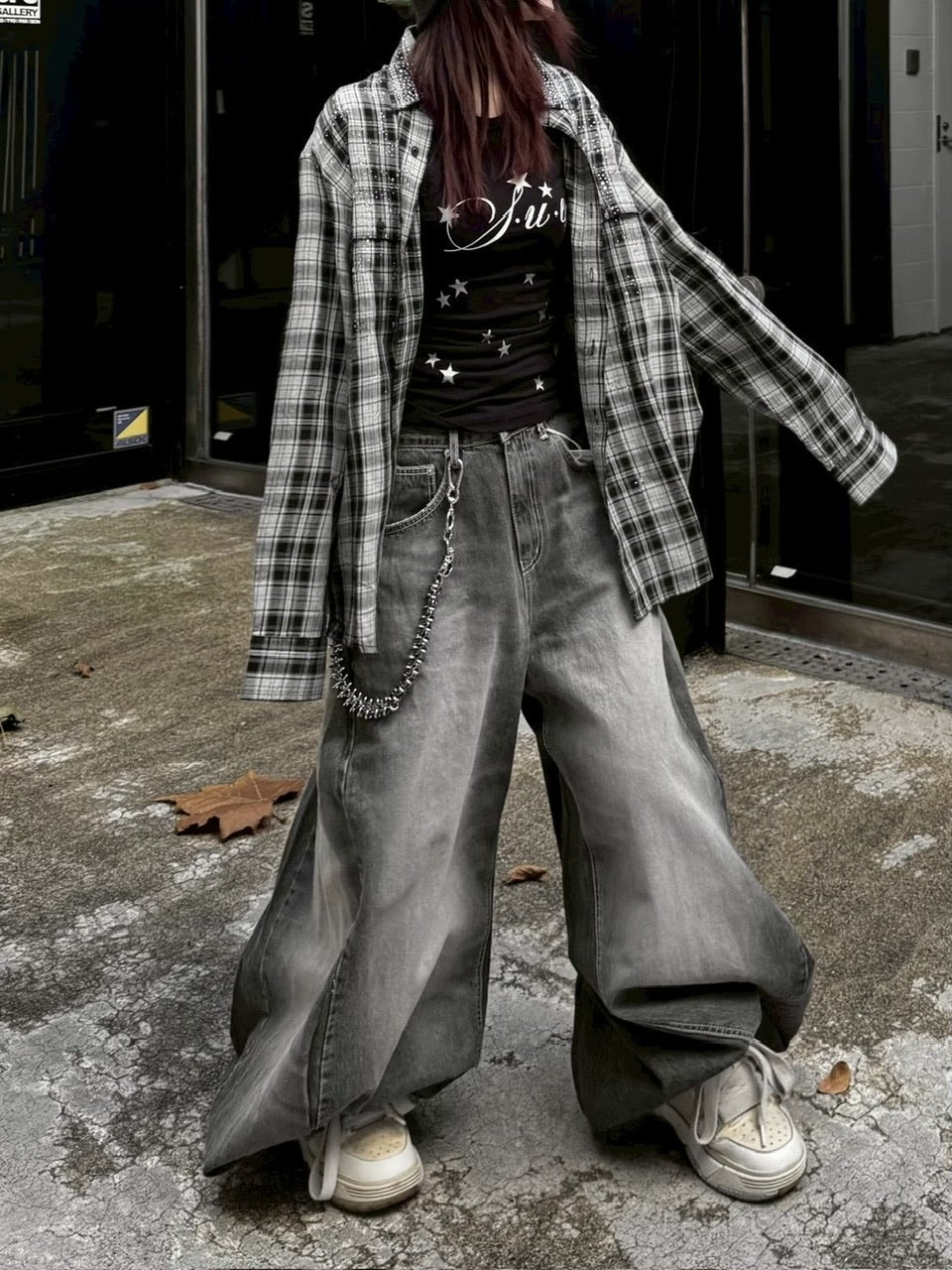 【Never mind the XU】rhinestone check shirt (2color)