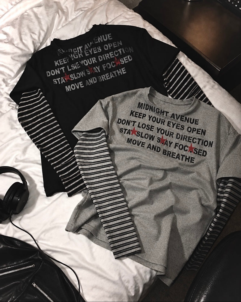受注制【Never mind the XU】LAYERED STRIPE SLEEVE GRAPHIC TEE (2color)