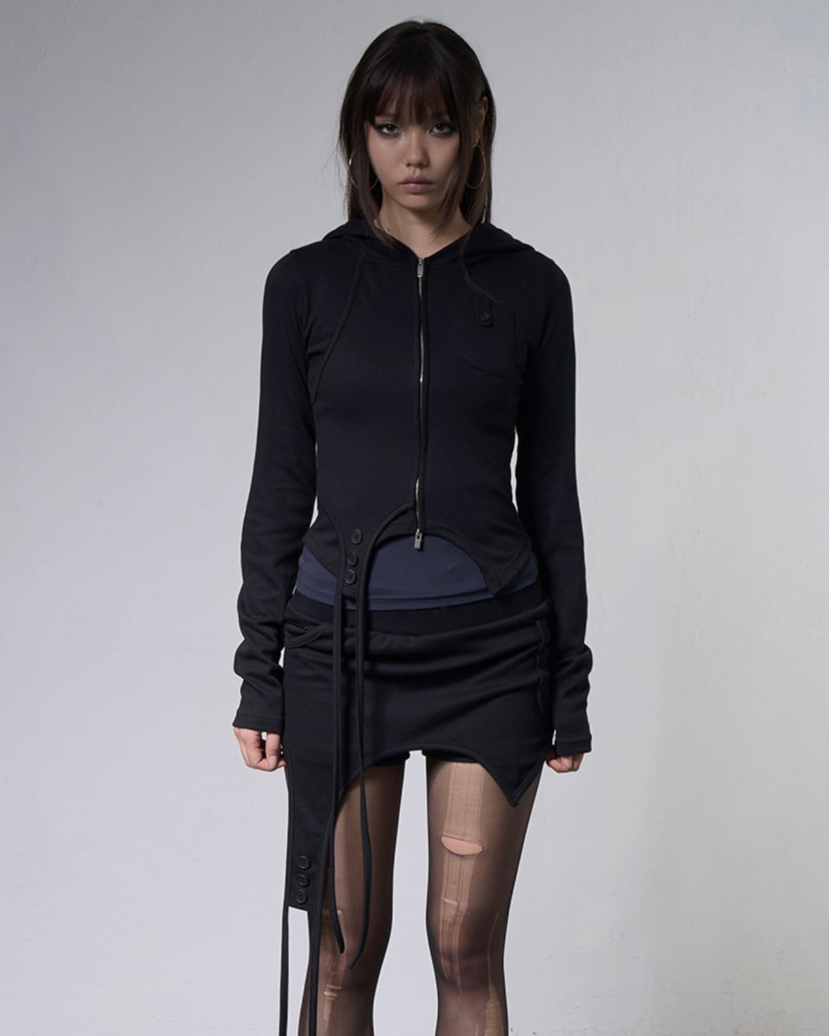 【FANCY CLUB】OVERLAY CROP HOODED ZIP-UP