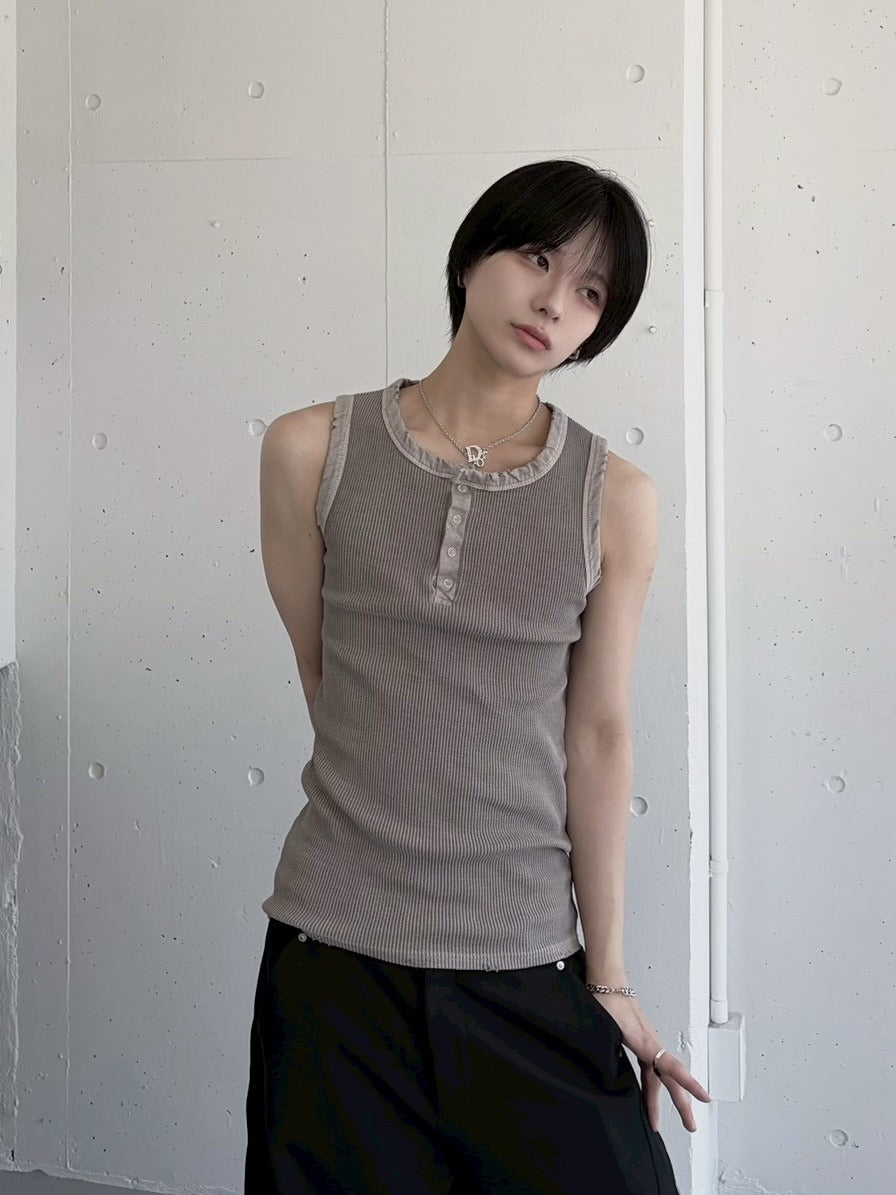 受注制【LUV CODE】pigment rib henley neck sleevesless (3color)