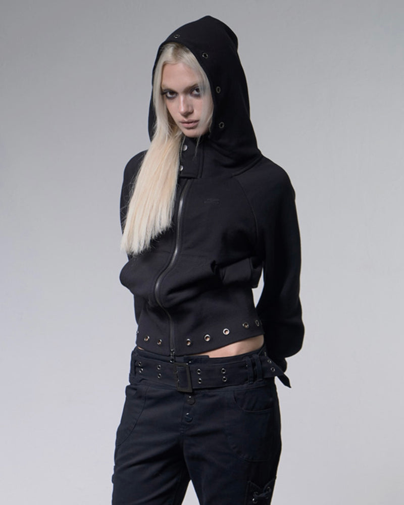 【FANCY CLUB】EYELET RIBBED HOODED ZIP-UP