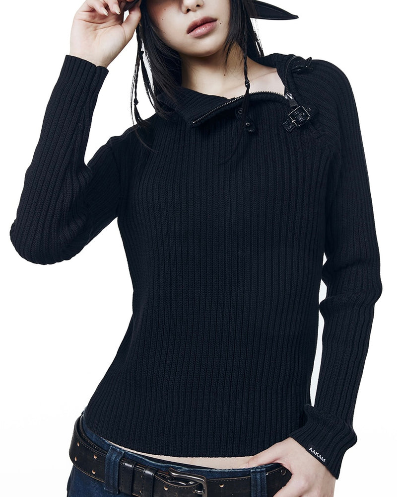 【AAKAM】Slant Zipper Belted Knit