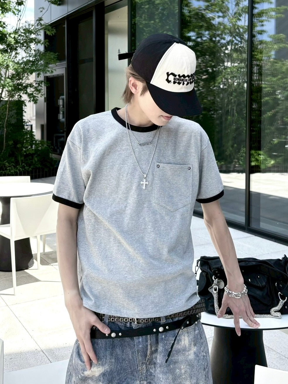 7/4 20:00発売 受注制【nmtc+】Washed Rivet Pocket Crop Slim Fit Tee (2color)