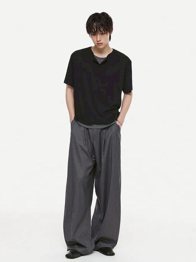 【DNSR】Layered Henley Neck T-Shirt