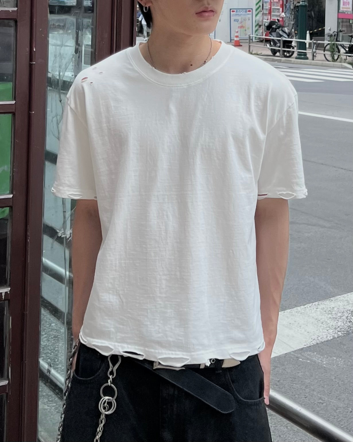 大阪店WEB限定受注制【Chikashitsu +】grunge damage crop t-shirt (3color)