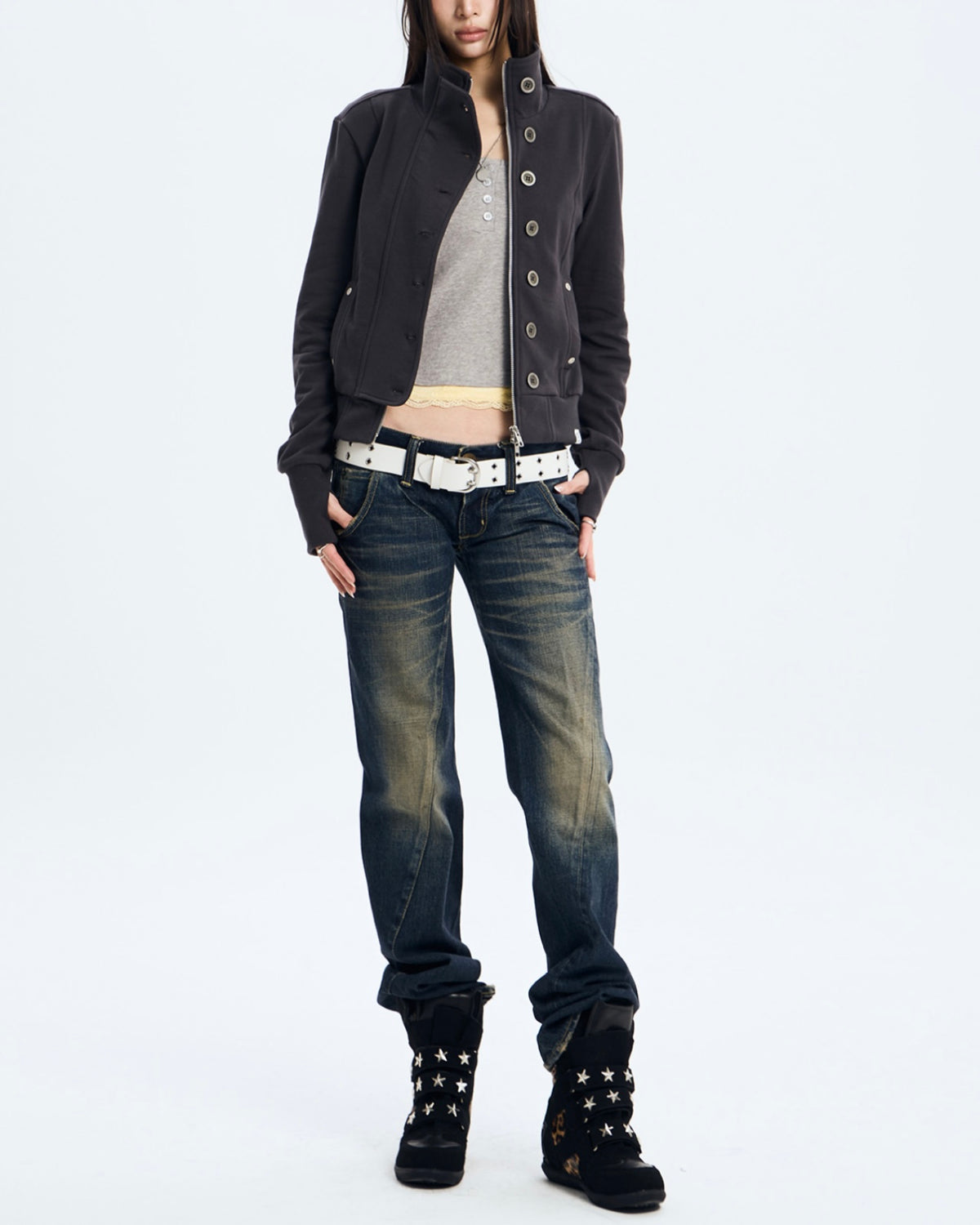 【NOT KNOWING】Button High Neck Zip Up
