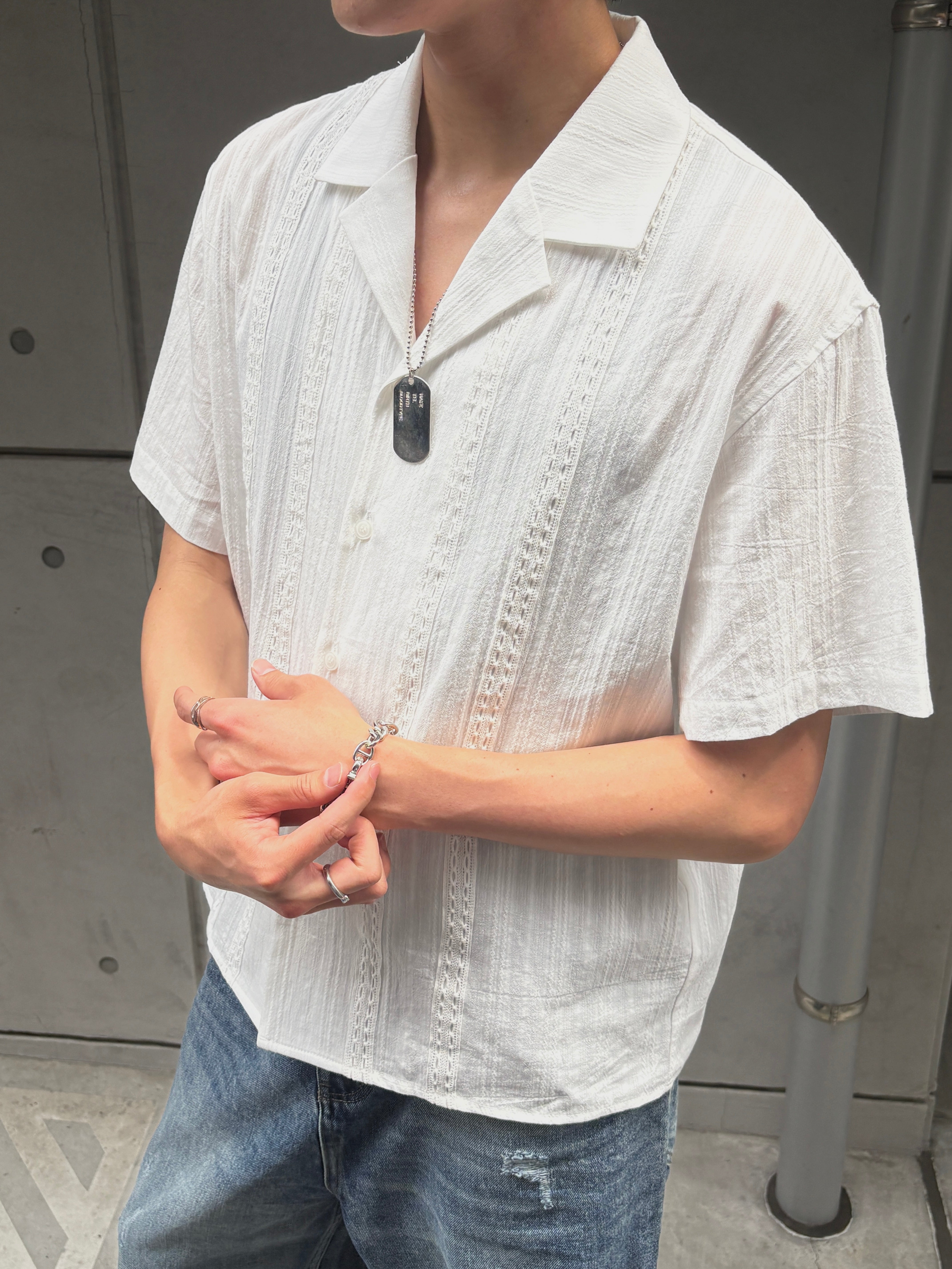 大阪店WEB限定受注制【Chikashitsu +】perforated open collar shirt (2color)