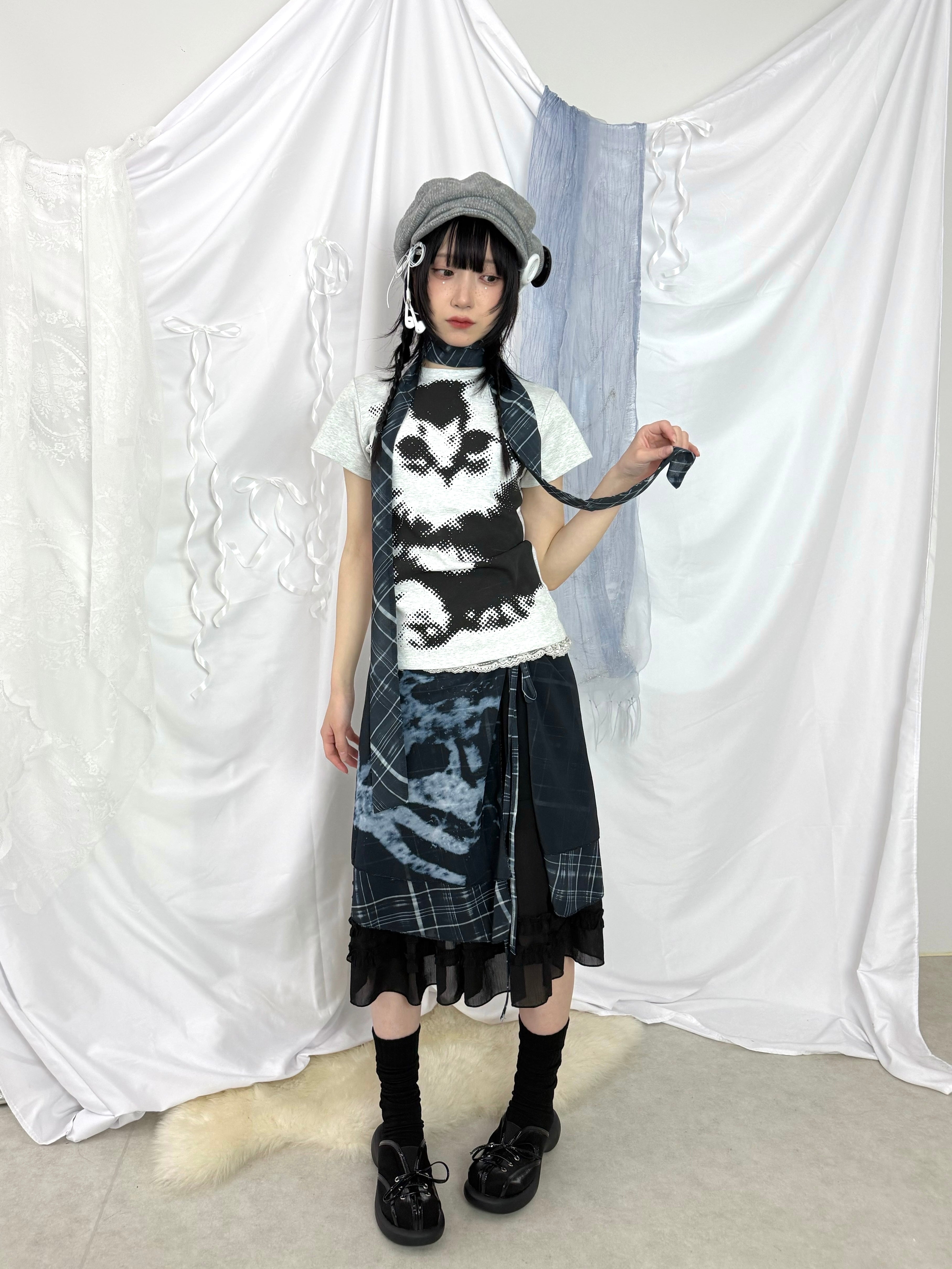 5/29 20:00発売 国際配送【Nerd out XU】see-through midium frill banding skirt (3color)