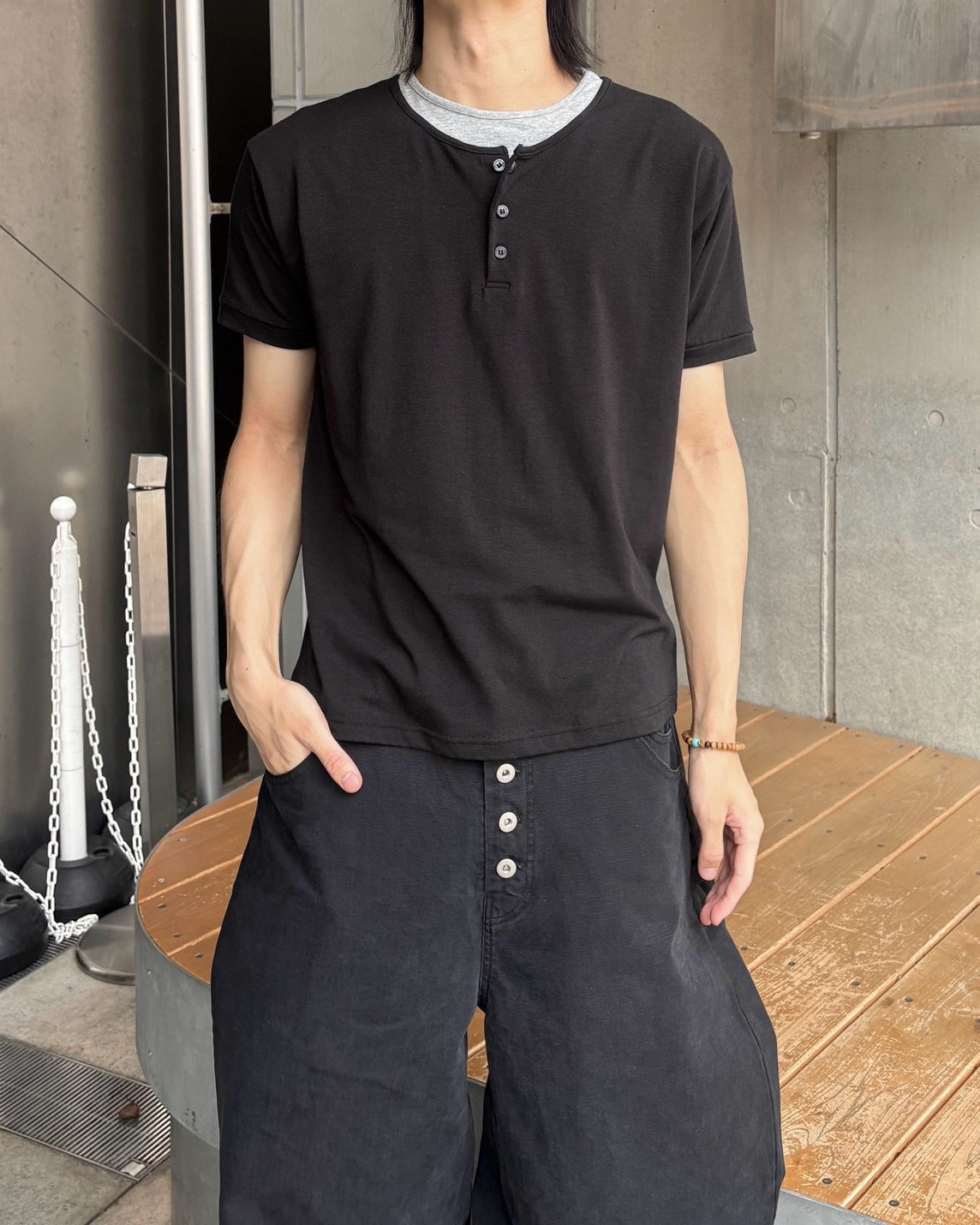 受注制【nmtc+】Cool Layered Henley Neck Tee (2color)