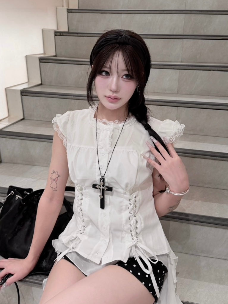 受注制【nmtc+】Eyelet Lace Shirring Crop Blouse