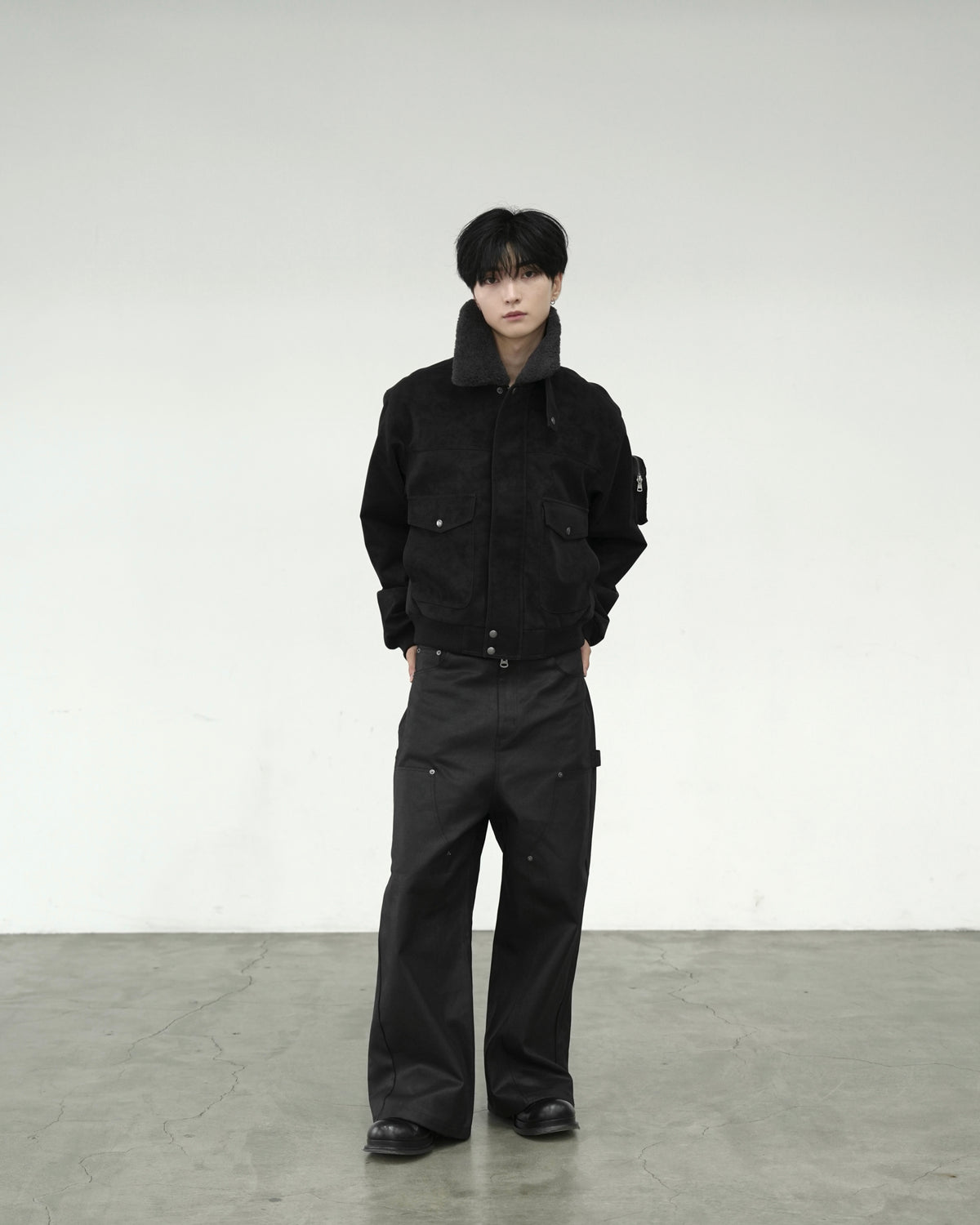 【CHIKASHITSU PLUS HIGH】Boa collar faux leather flight jacket