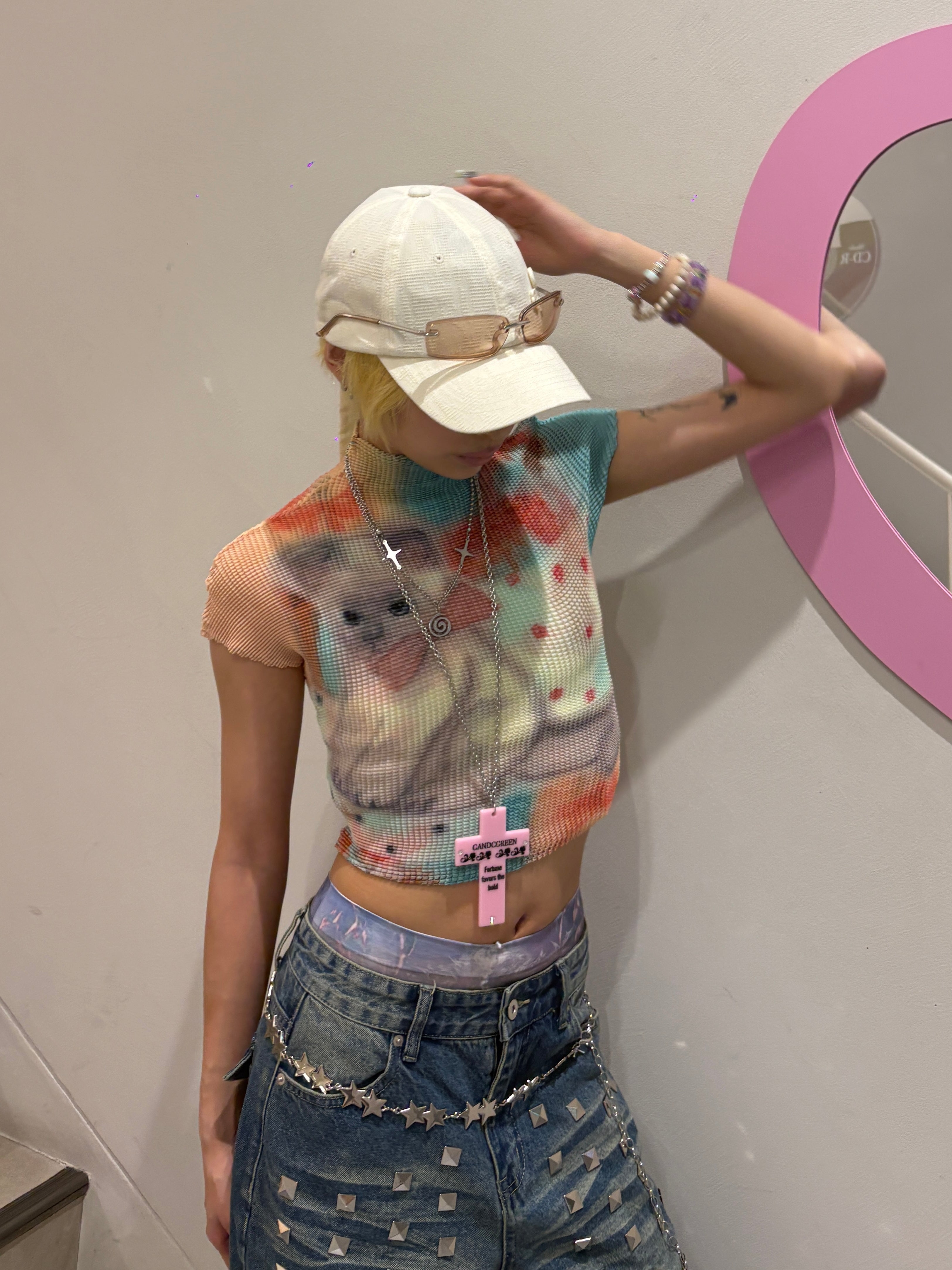 国際配送【Never mind the XU】popcorn shirring baby tee cat