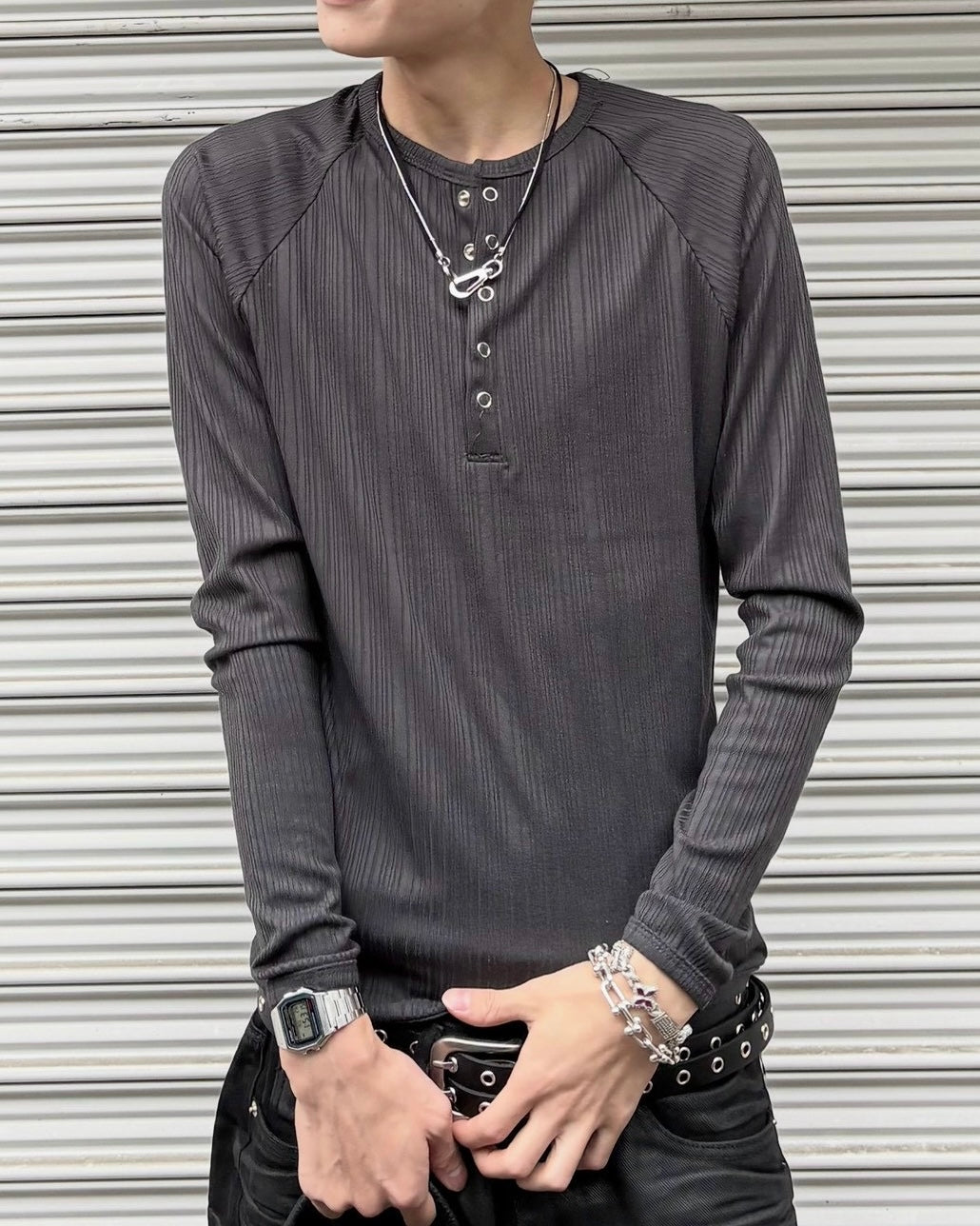 受注制【nmtc+】Snap henley neck ribbed slim top (4color)