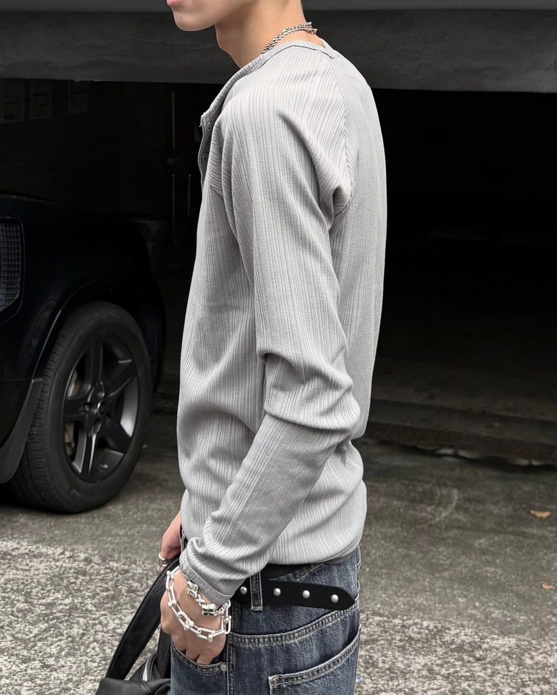 受注制【nmtc+】Snap henley neck ribbed slim top (4color)