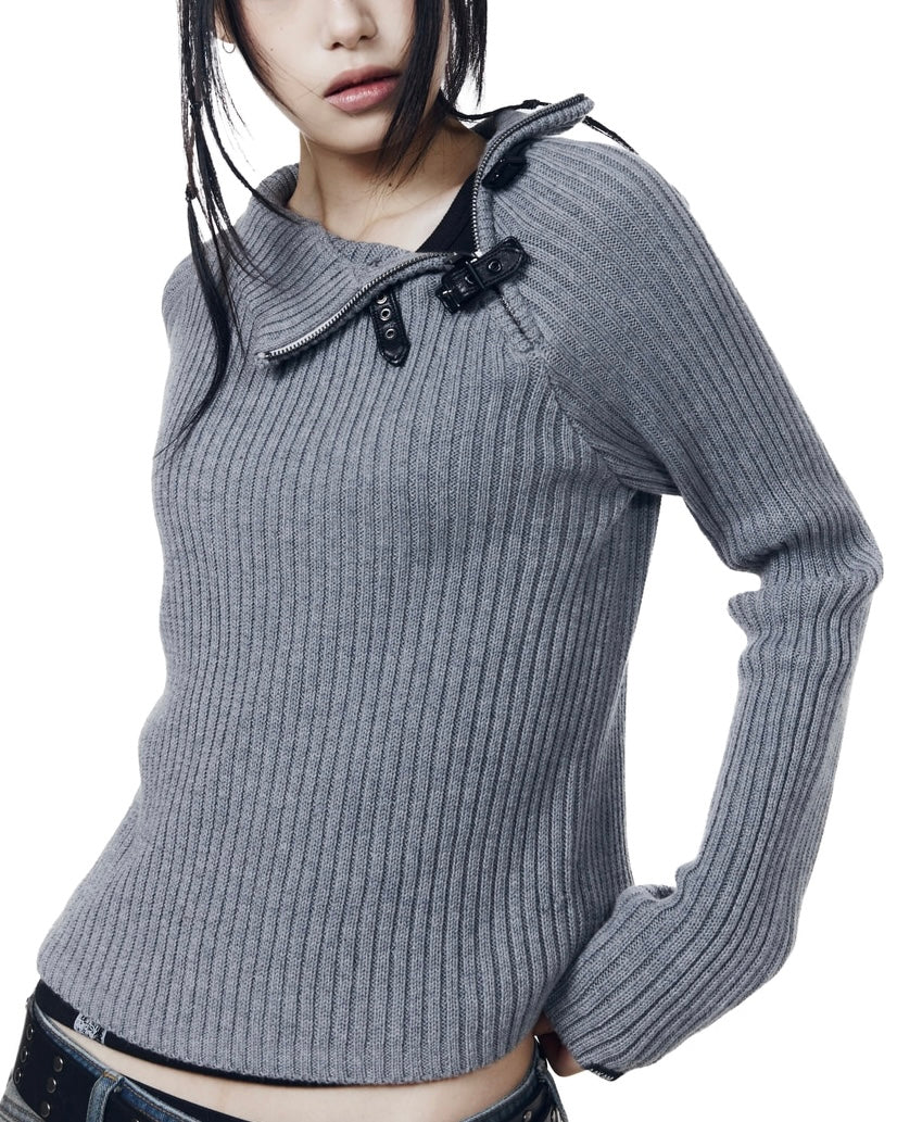 【AAKAM】Slant Zipper Belted Knit