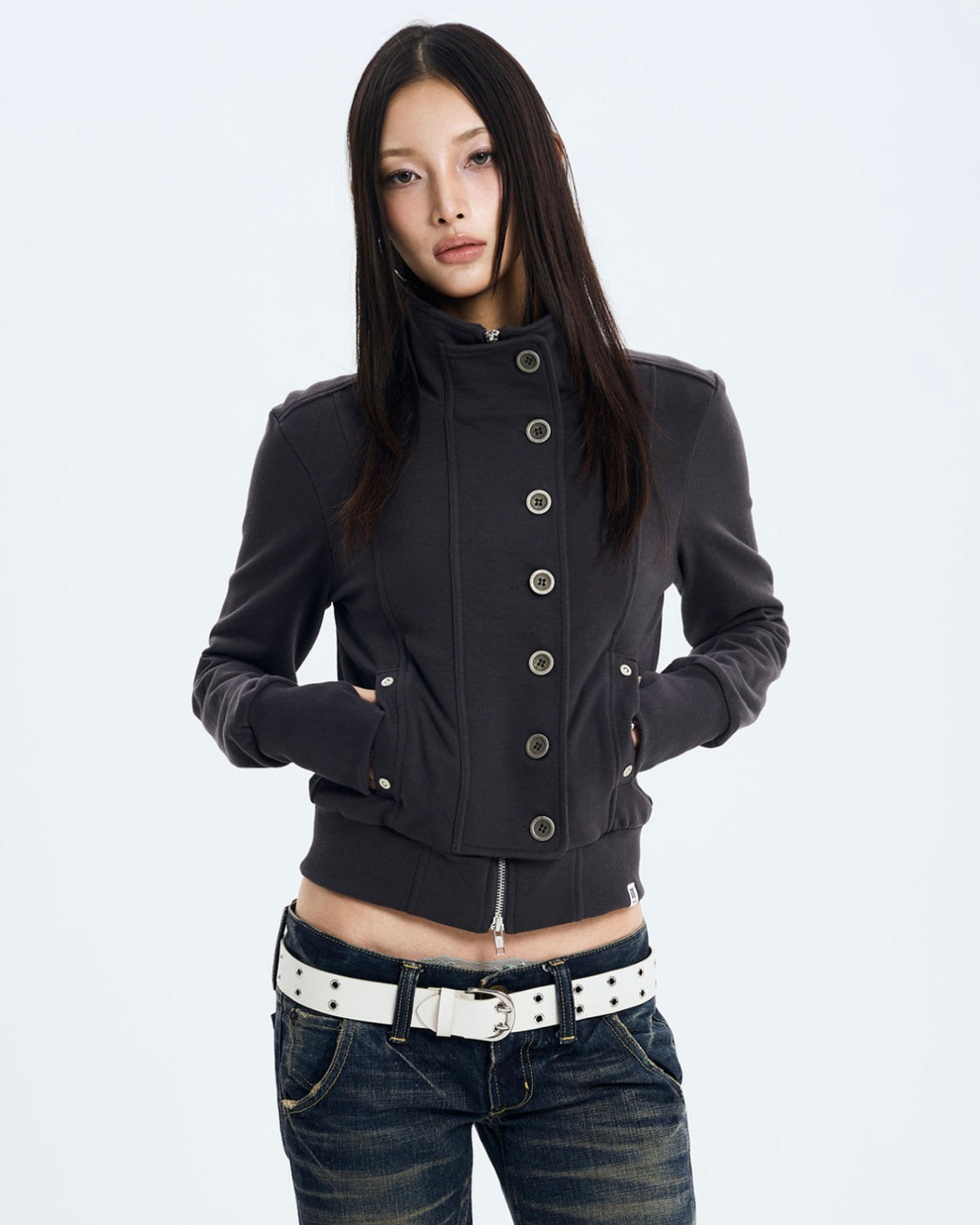 【NOT KNOWING】Button High Neck Zip Up