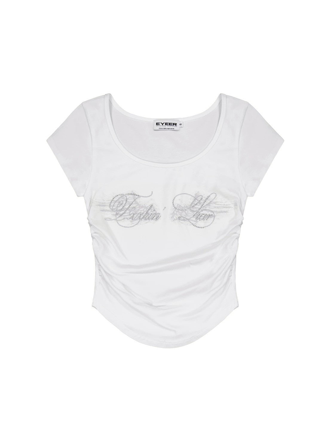 【EYEER】Hotfix Logo Shirring Short Sleeve Top