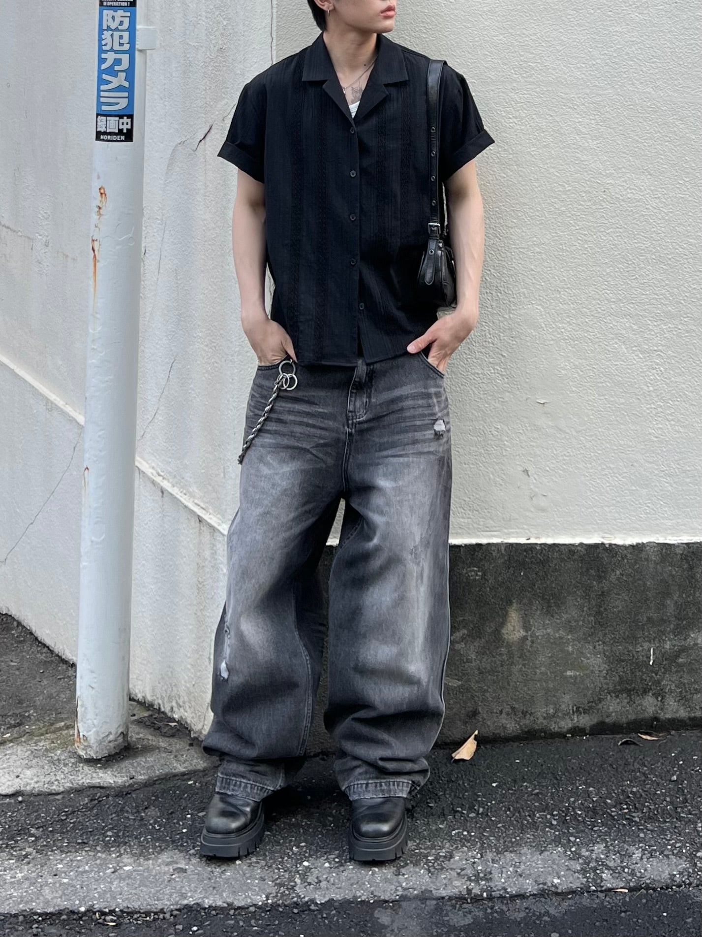 大阪店WEB限定受注制【Chikashitsu +】perforated open collar shirt (2color)