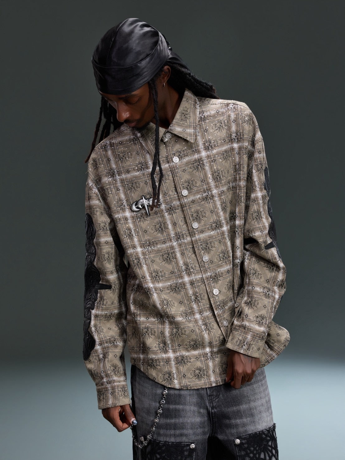 【The Boy Has No Patience】STARRY PATTERN RHINESTONE LEATHER SHIRT