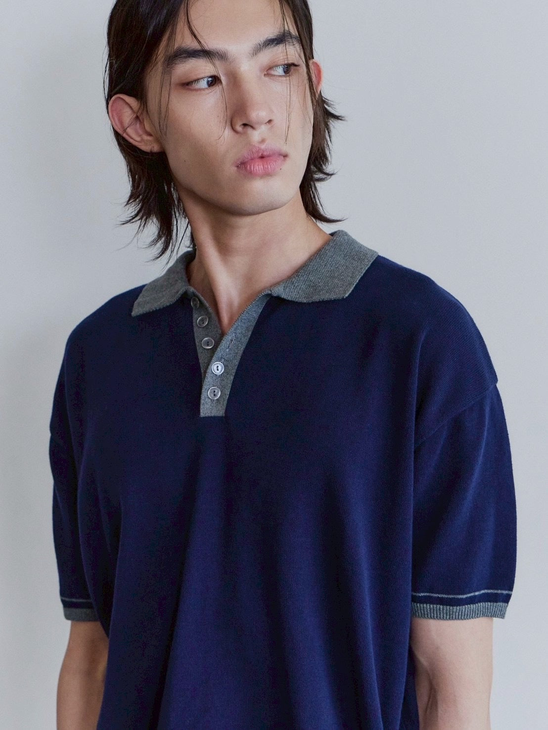 【Waviness】Accent Collar Polo Knit