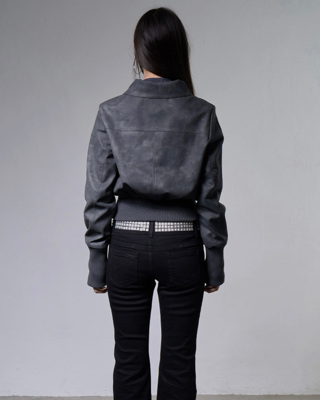 【FANCY CLUB】HIGH-NECK RIBBED LEATHER JACKET