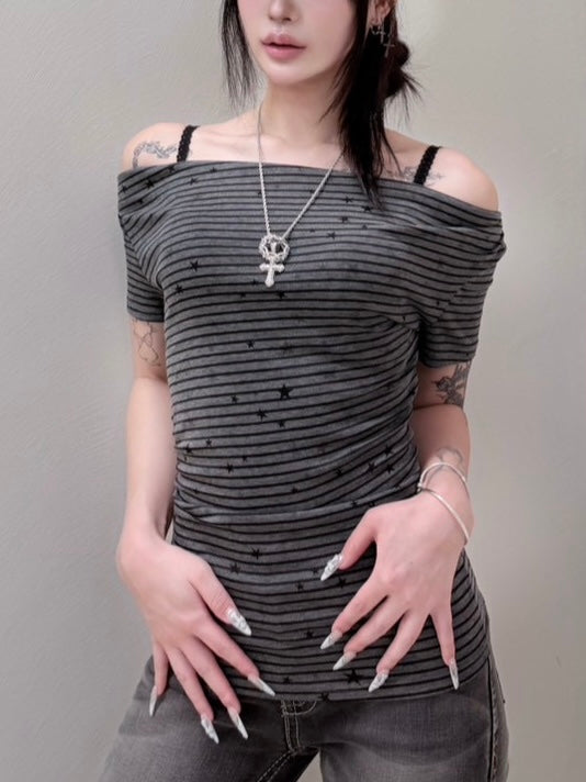 6/19 20:00発売 受注制【nmtc+】Holly Star Stripe Drape Tee (2color)