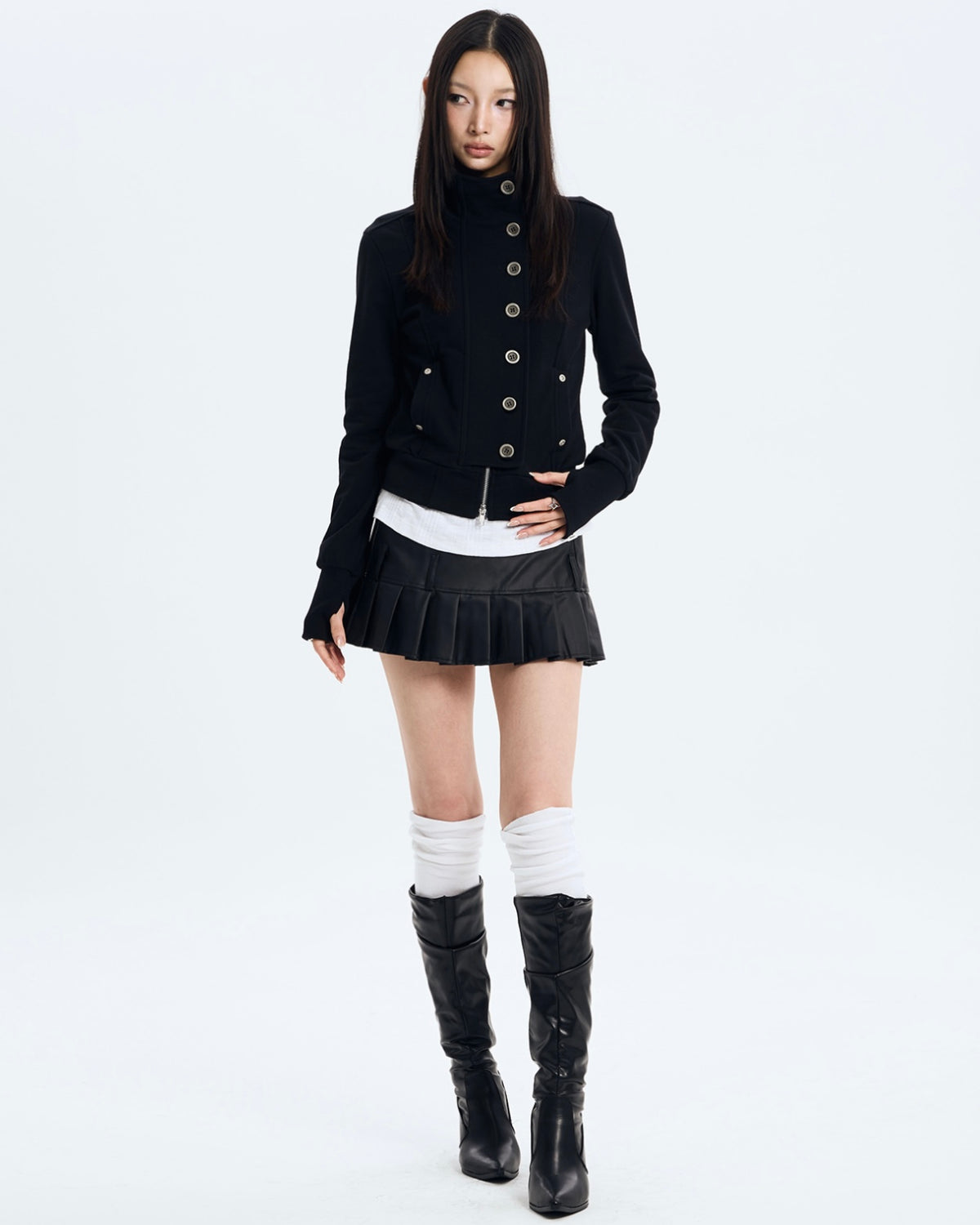 【NOT KNOWING】Button High Neck Zip Up