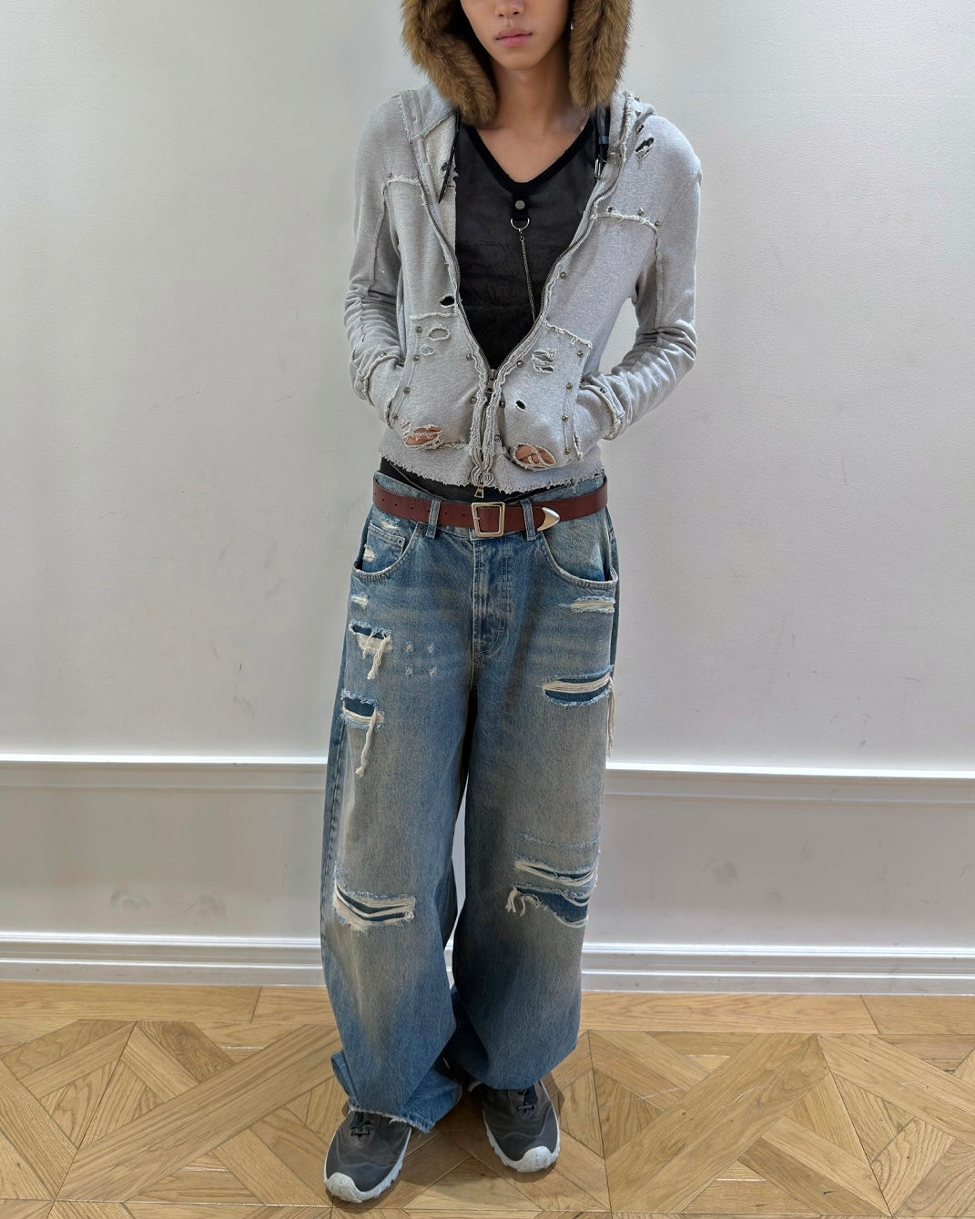 【LECYTO】Destroyed Spike Zip-Up Hoodie