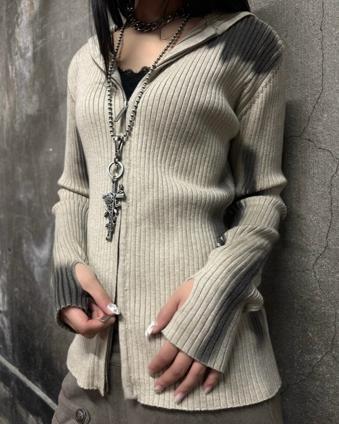 受注制【Never mind the XU】SPRAY WASH ZIP KNIT HOODIE (2color)