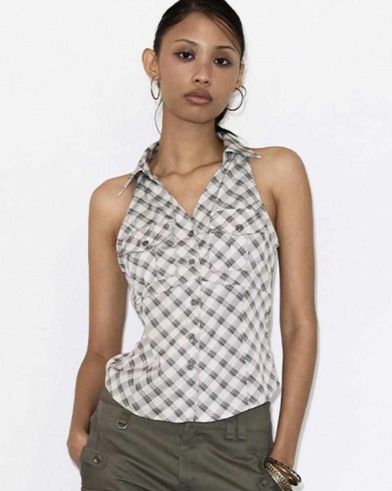 【FANCY CLUB】POCKET CHECK HALTERNECK TOP
