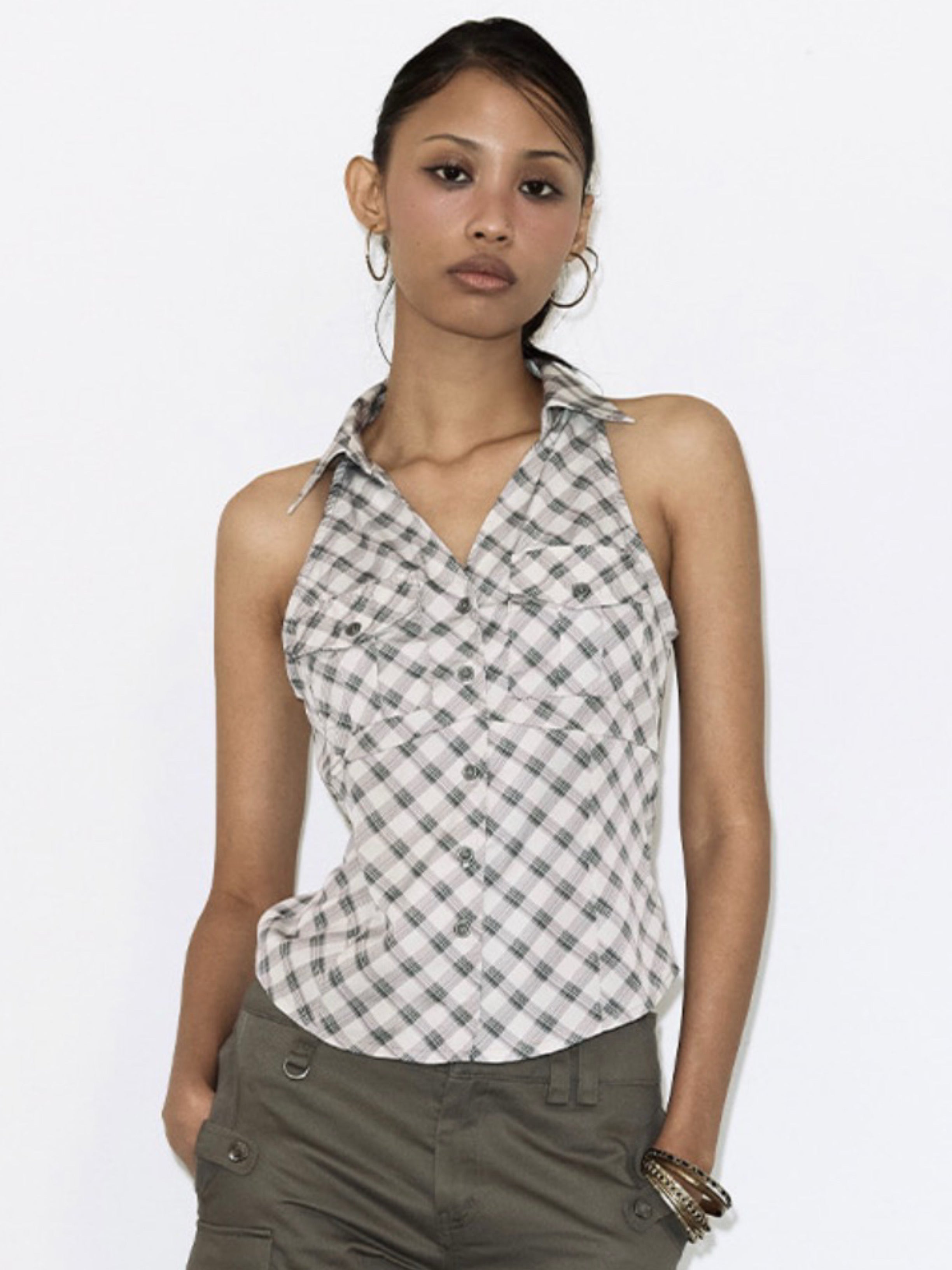【FANCY CLUB】POCKET CHECK HALTERNECK TOP