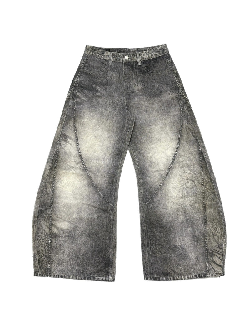 国際配送【Never mind the XU】3D print curve denim pants